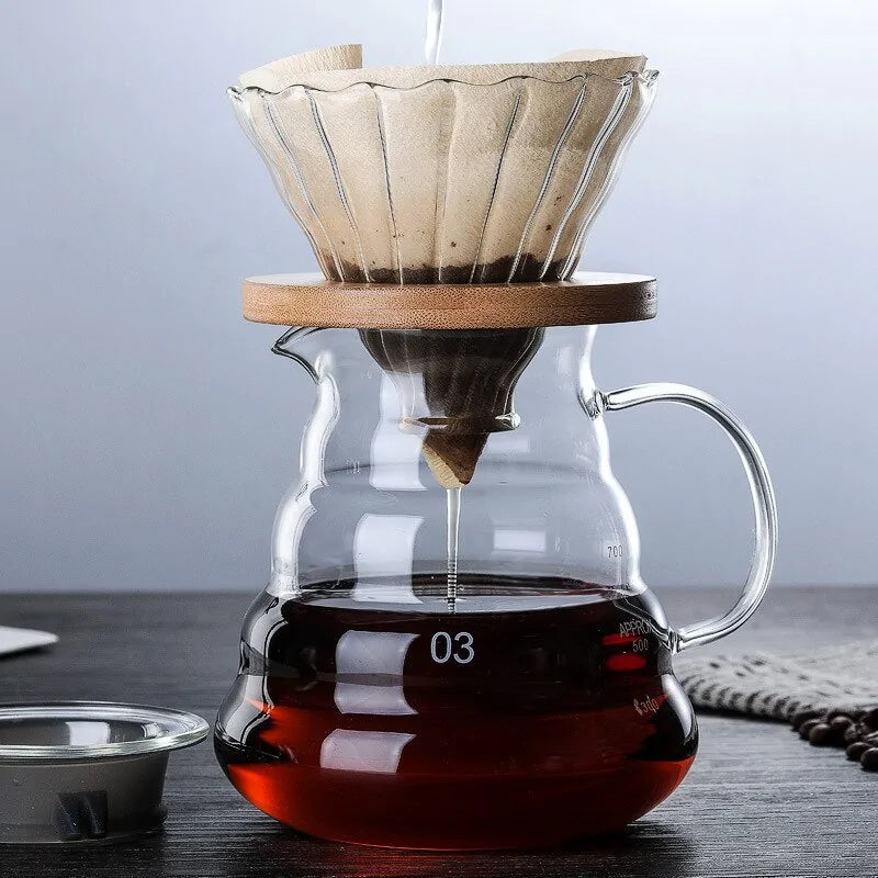 Wooden Holders Drip Coffee Glass and Pot Set